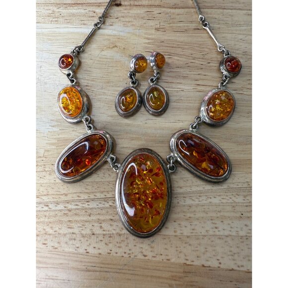 Amber Necklace & Earring Set With Silver Details - Picture 2 of 16